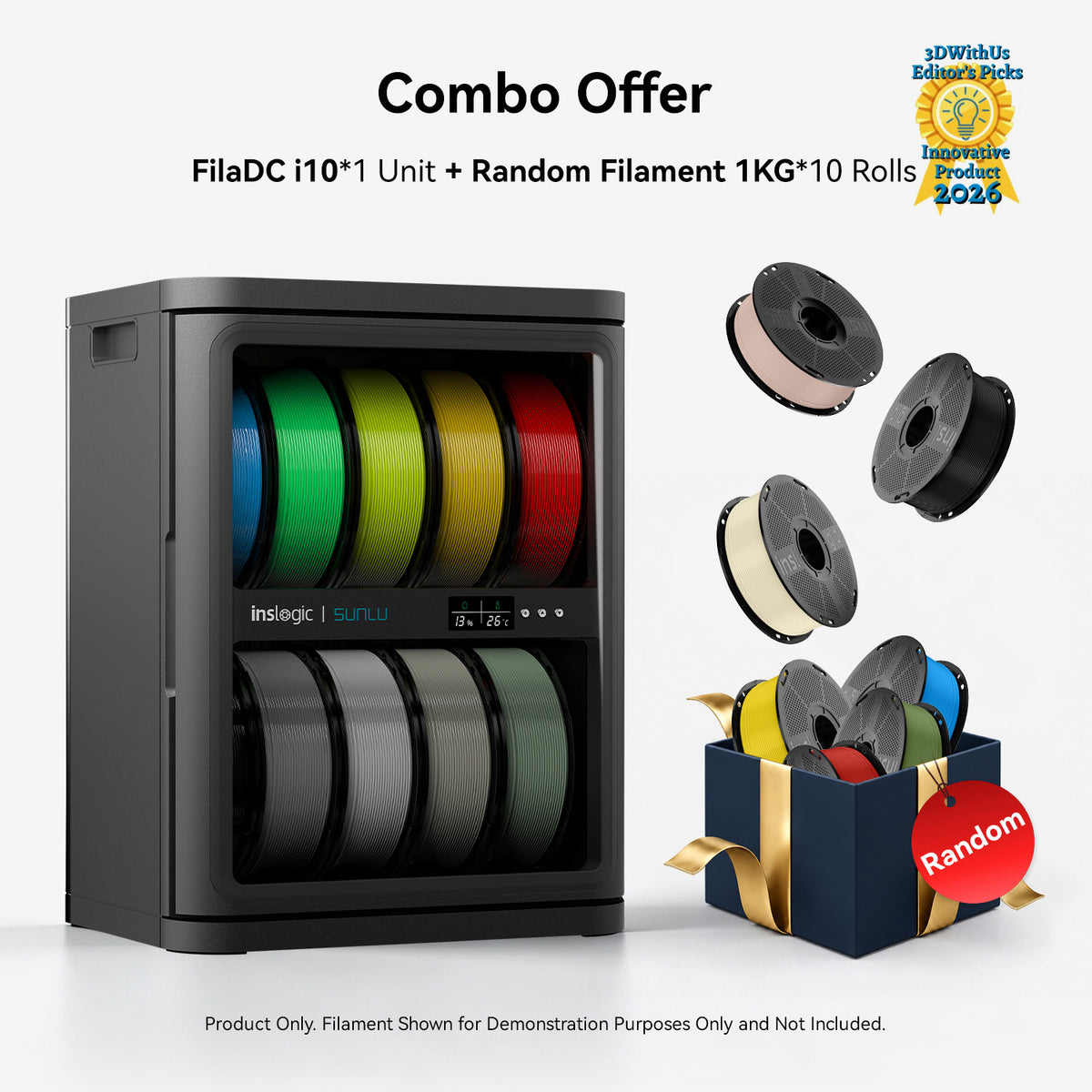 Gray filament dehumidifying cabinet with window showing colorful filament spool reels and extra spools