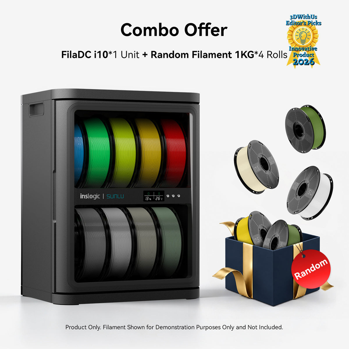 Gray filament dehumidifying cabinet with window showing colorful spool reels and extra spool box