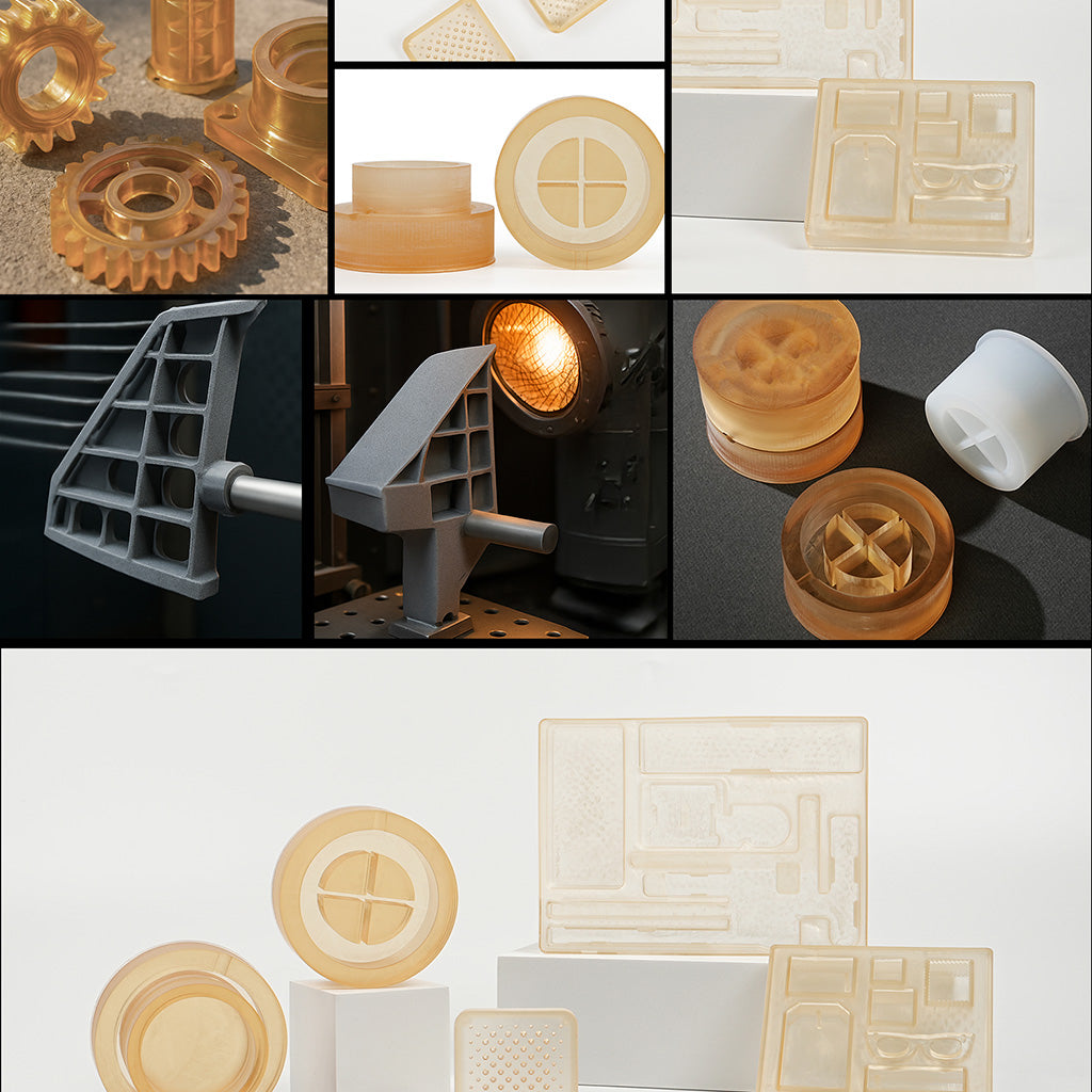 Clear high-temp resin test pieces with circular and square molded shapes
