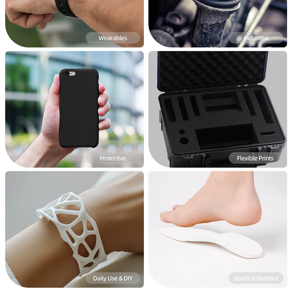 Black TPU protective phone case and other flexible printed TPU parts, plus white mesh item