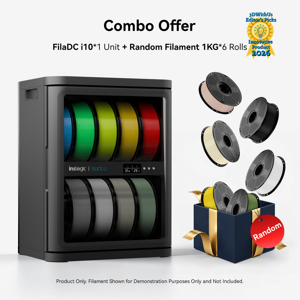 Gray filament dehumidifying cabinet with window showing colorful filament spool reels plus boxed spools