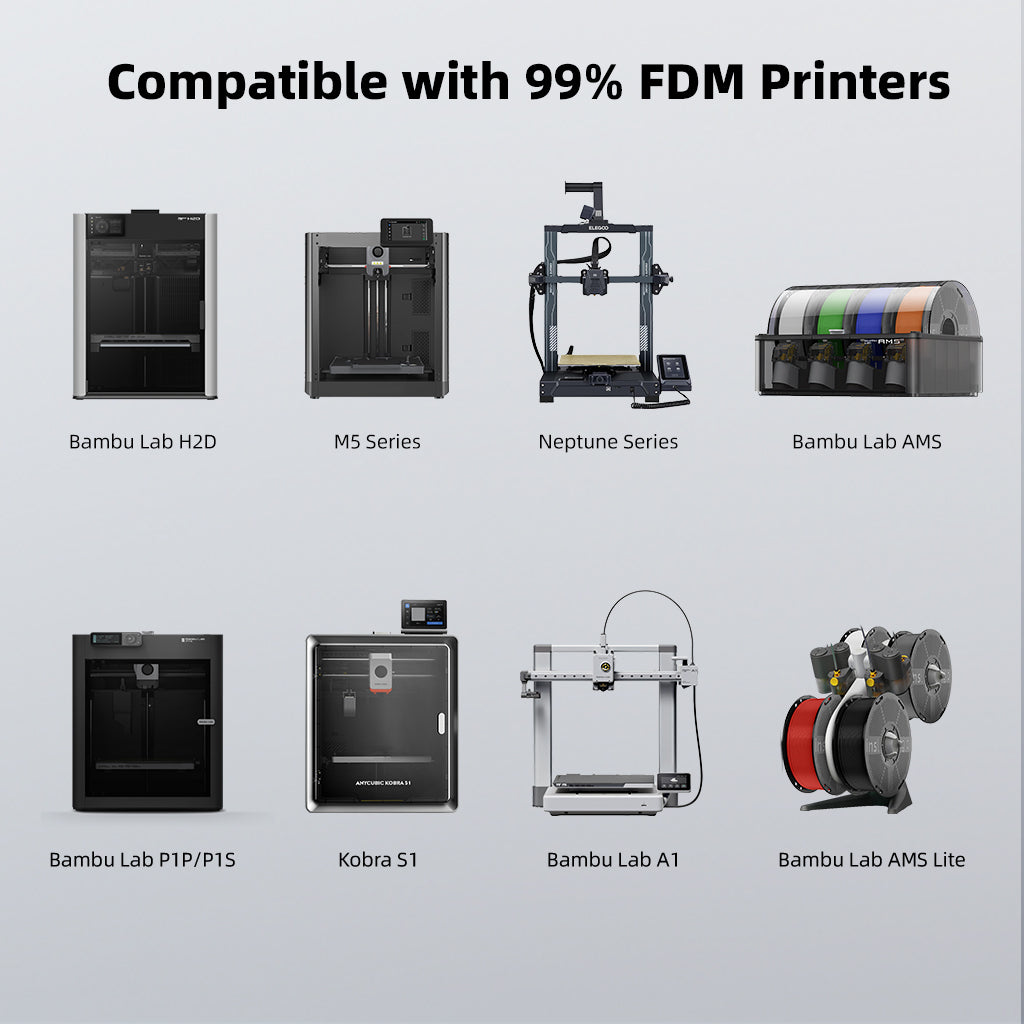 Assorted FDM 3D printers lineup for filament compatibility