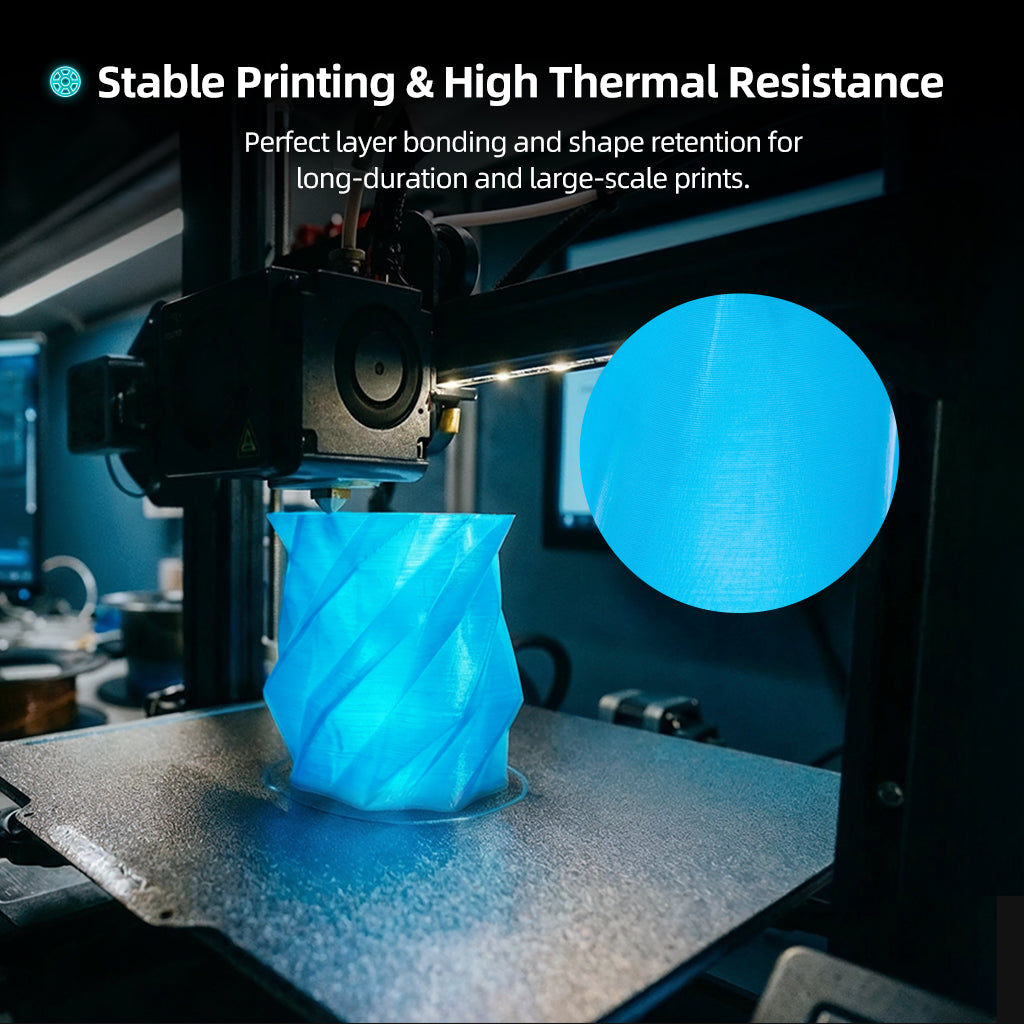 3D printer building a blue PLA model on the print bed with thermal glow graphic