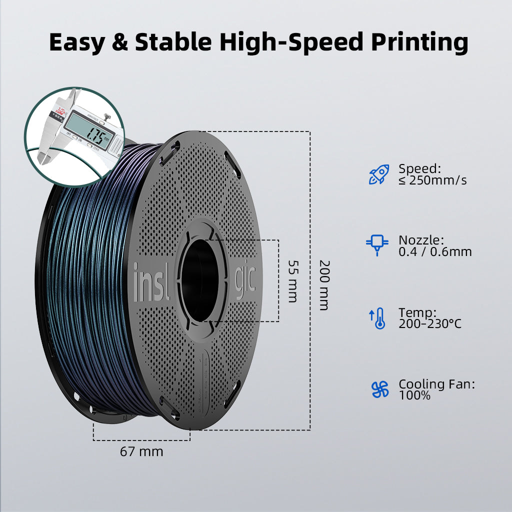 PLA filament spool with teal-blue shimmer and perforated spool plate