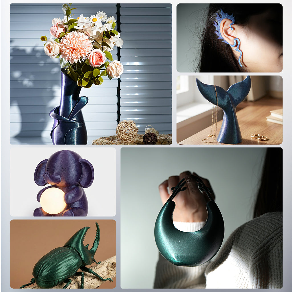 Galaxy shimmer cat and whale figurines with flower vase display