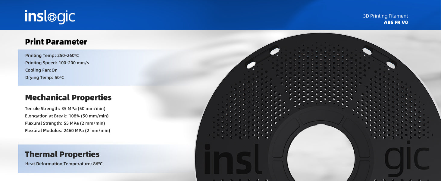 Inslogic ABS FR V0 Functional 3D Printing Filament 1.75mm 1KG with Spool - Printing Parameter