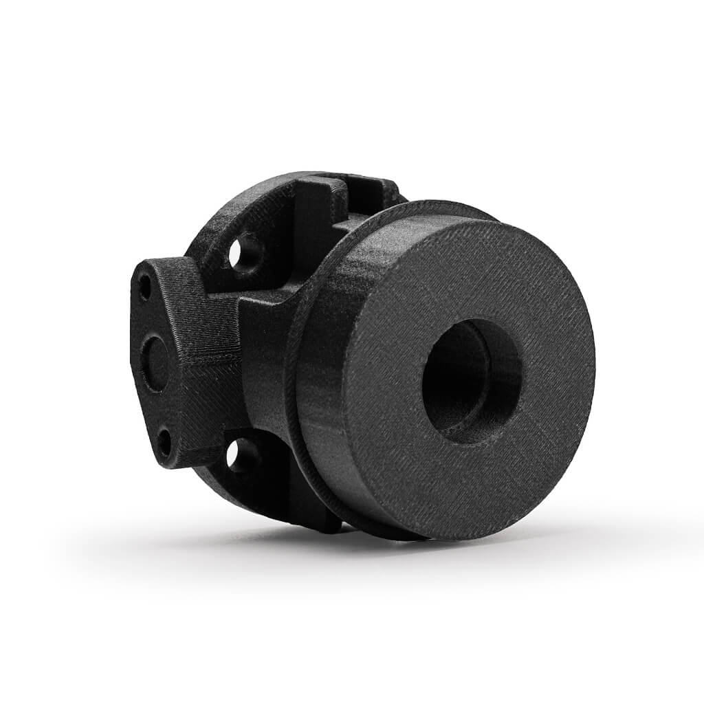 Black 3D-printed coupling part with circular hub and spokes