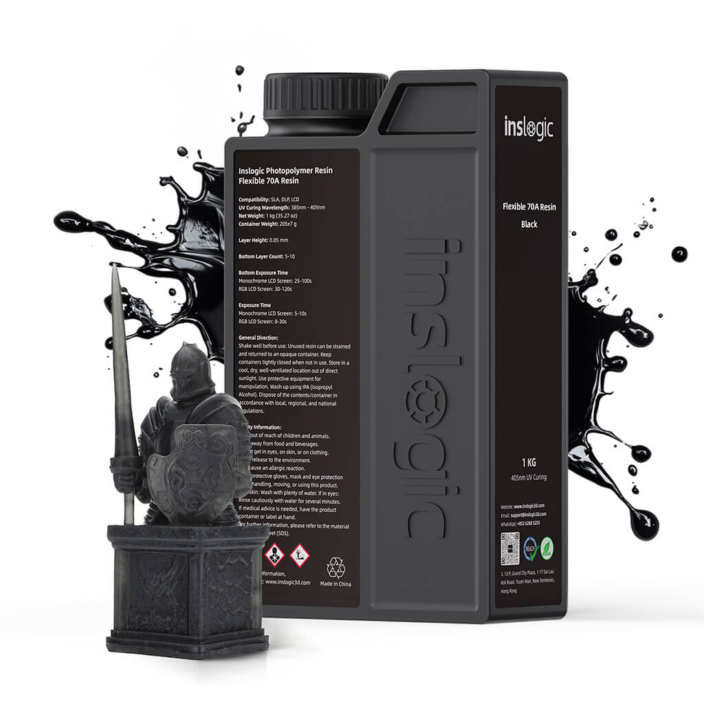 Flexible 70A resin bottles, black 1KG packaging with front label and cap