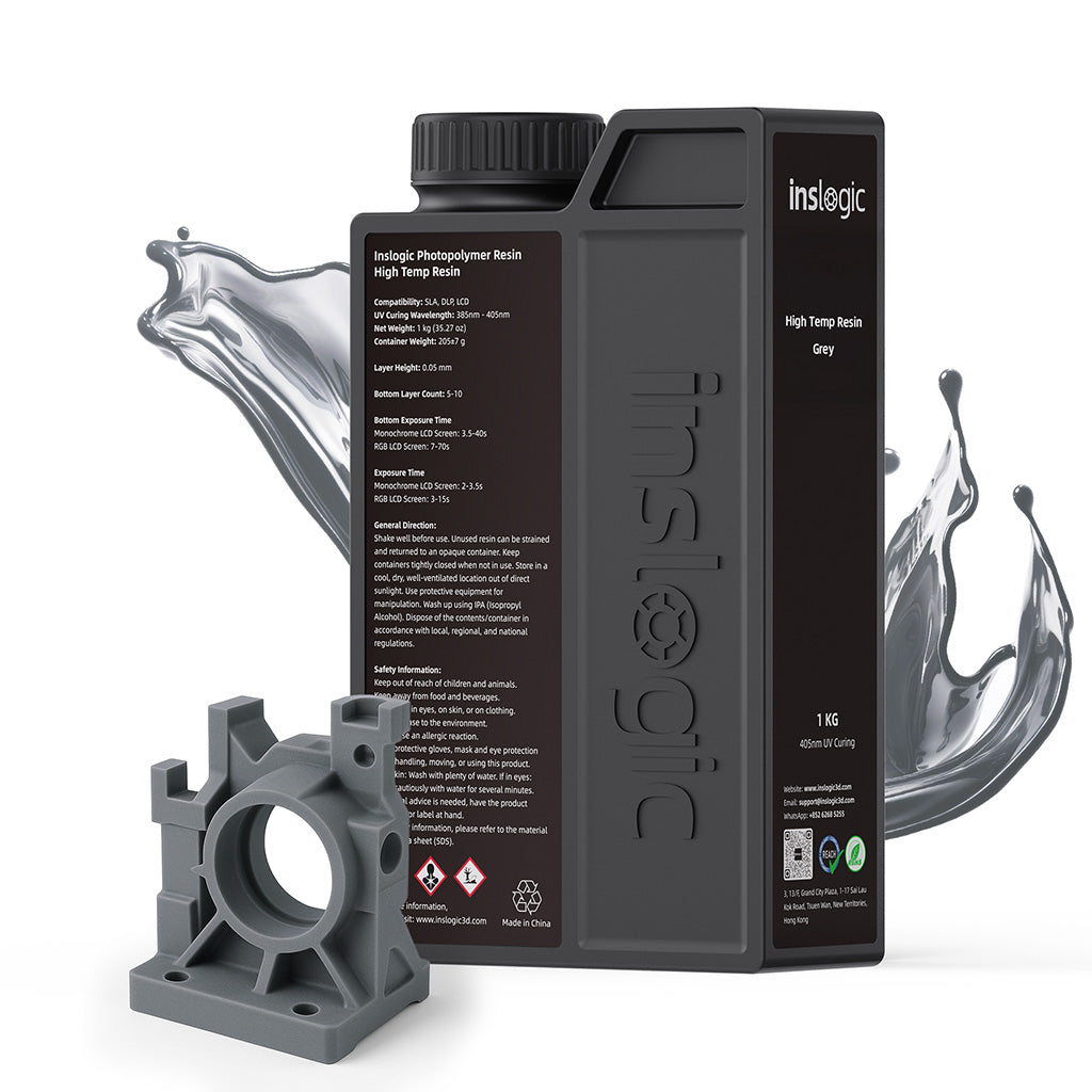 Inslogic high temp resin 1 kg box with gray clear liquid splash and sample holder