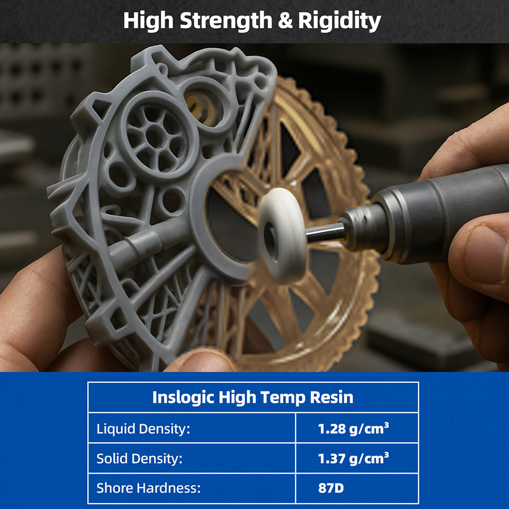 Inslogic high temp resin test print with layered gear-like detail and handheld tool