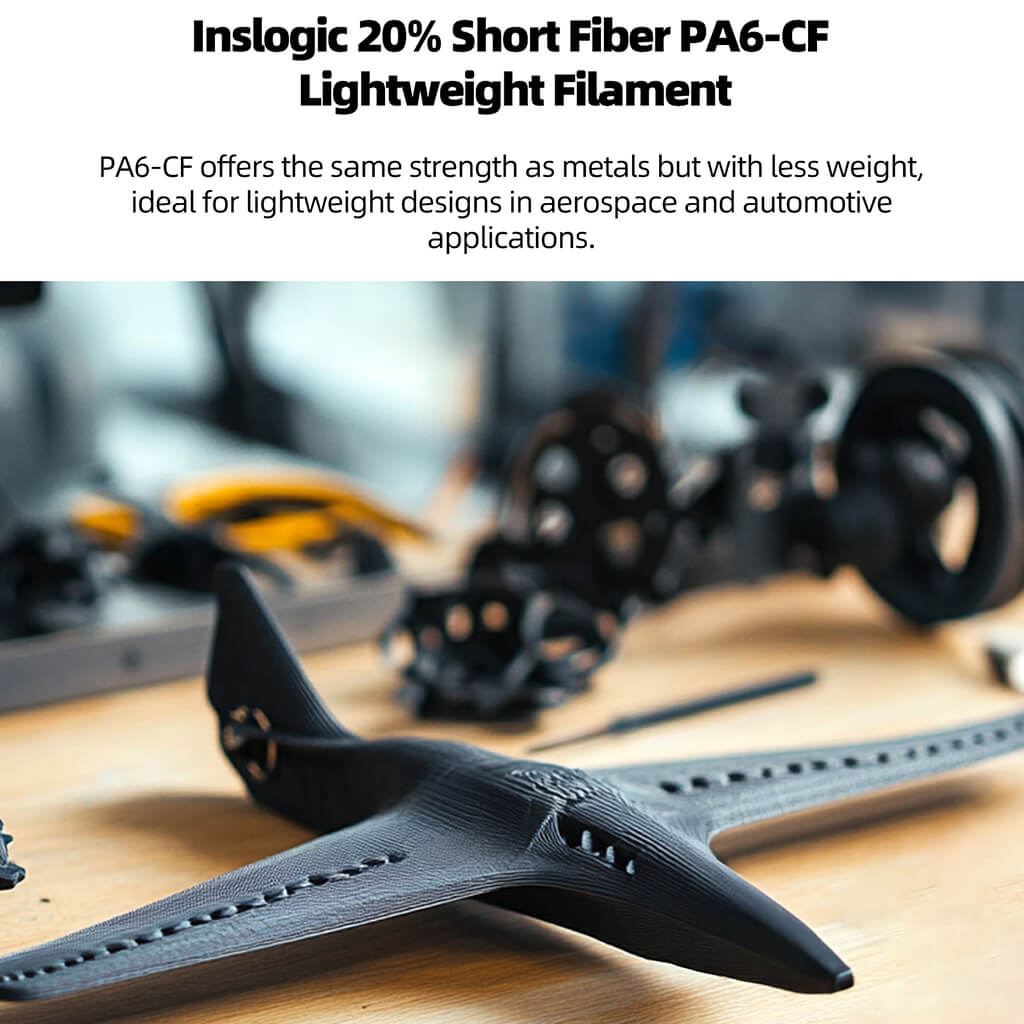 Black PA6-CF carbon fiber filament with lightweight aircraft-style printed part model