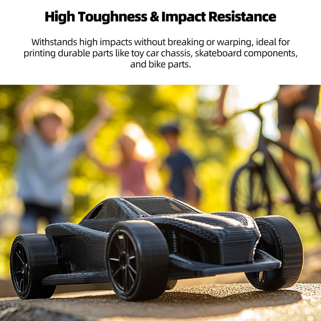 Black PA6-CF carbon fiber filament with durable toy-car style printed part model