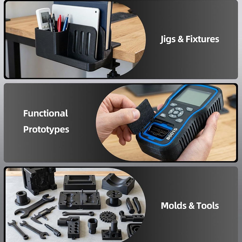 Black PETG filament spool with tools and clips for functional printing