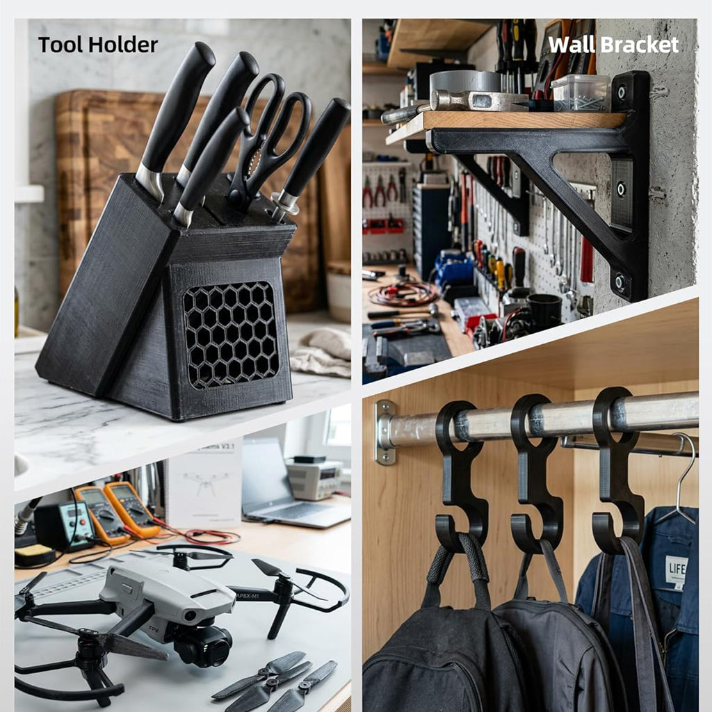 Black PETG filament spools in tool storage display with holders