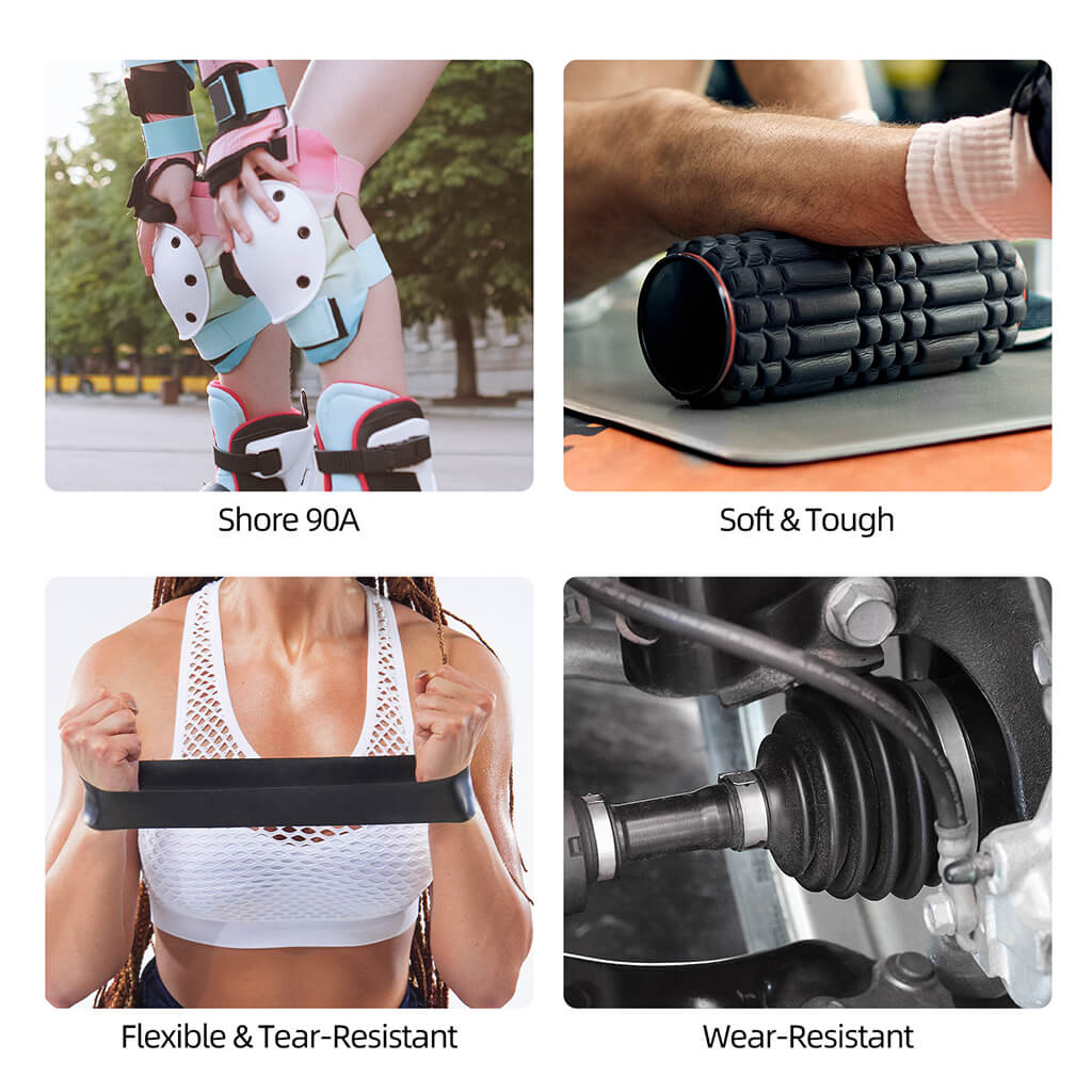 Assorted TPU printed samples in white and black, showing flexible wearable parts