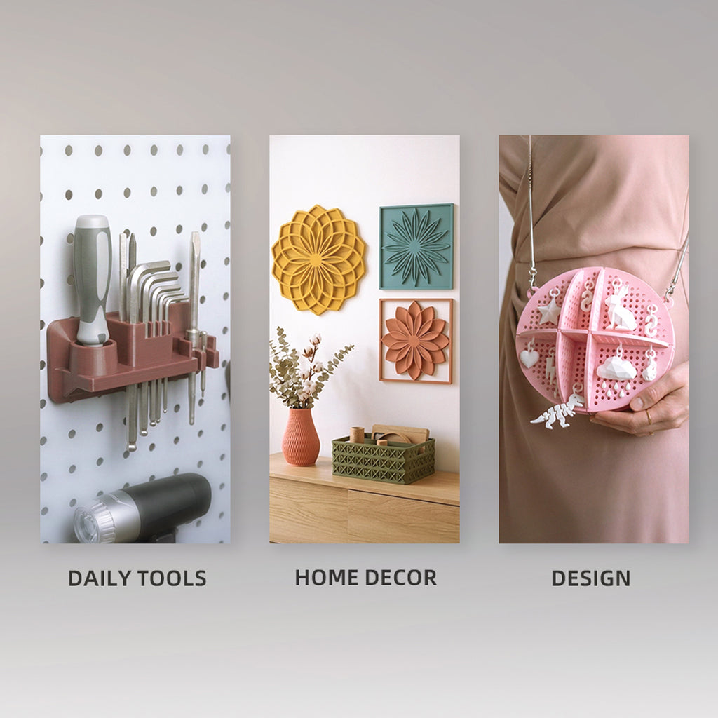 Assorted 3D-printed decor items including plant pots and tools