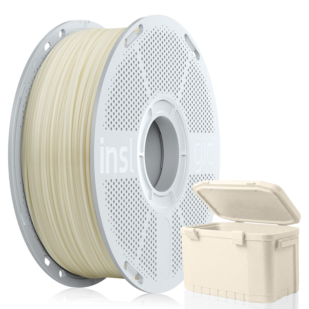 Natural off-white ABS-GF10 filament spool with 1.75mm strands and storage box