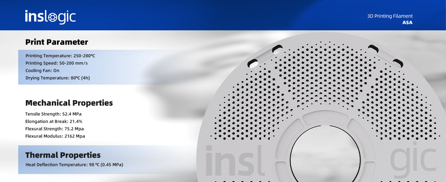 Inslogic ASA Functional 3D Printing Filament 1.75mm - print parameter