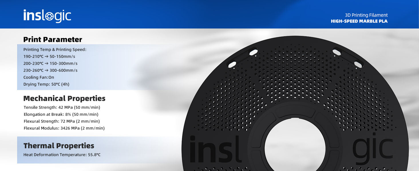 Inslogic High-Speed Marble PLA 3D Printing Filament 1.75mm 1KG - Printing Parameter