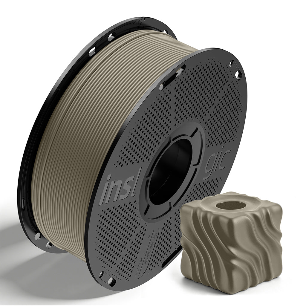 Inslogic matte PLA filament spool in taupe with a matching sample print