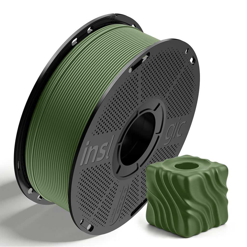 Inslogic matte PLA filament spool in olive green with a matching 3D-printed sample