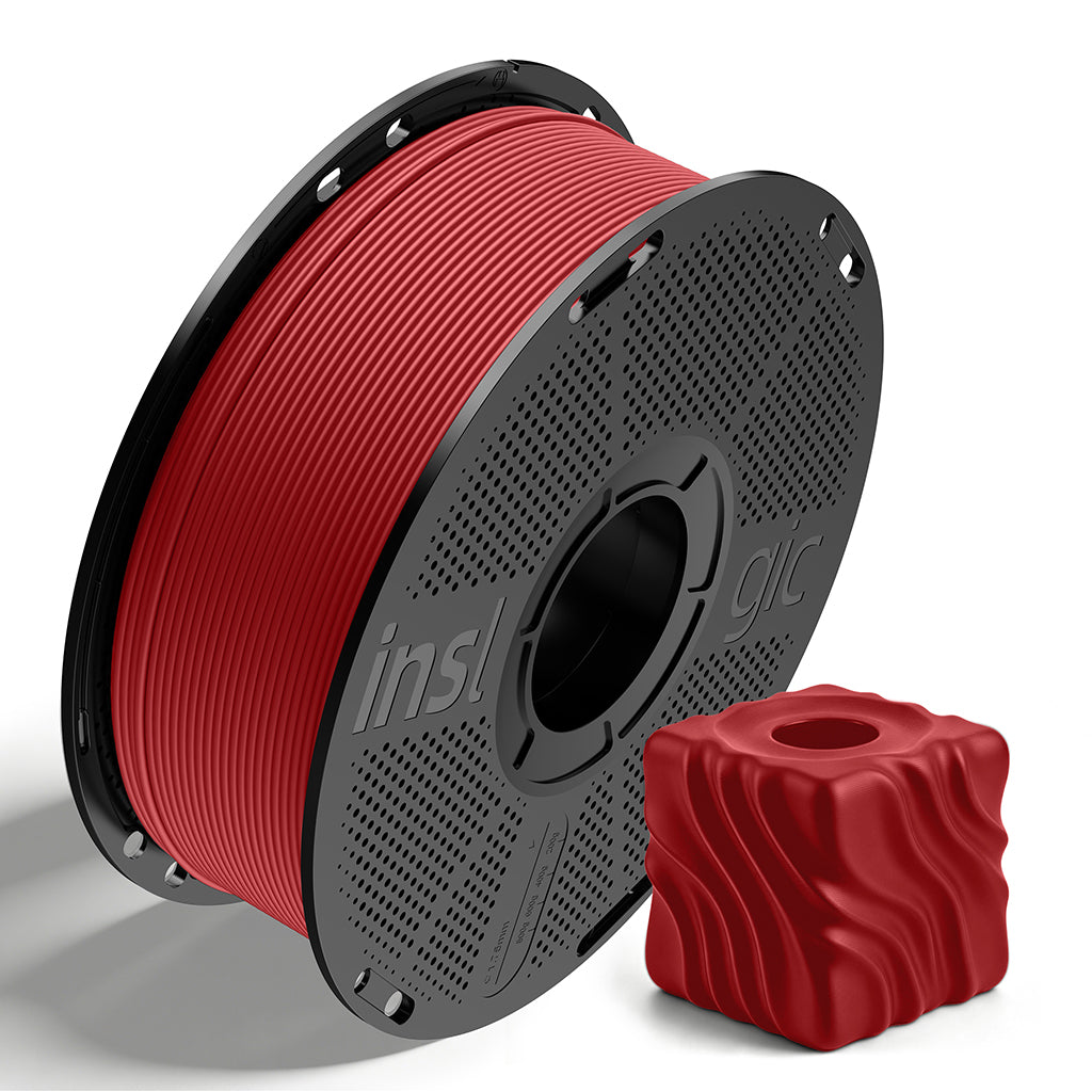 Inslogic matte PLA filament spool in red with a matching sample print