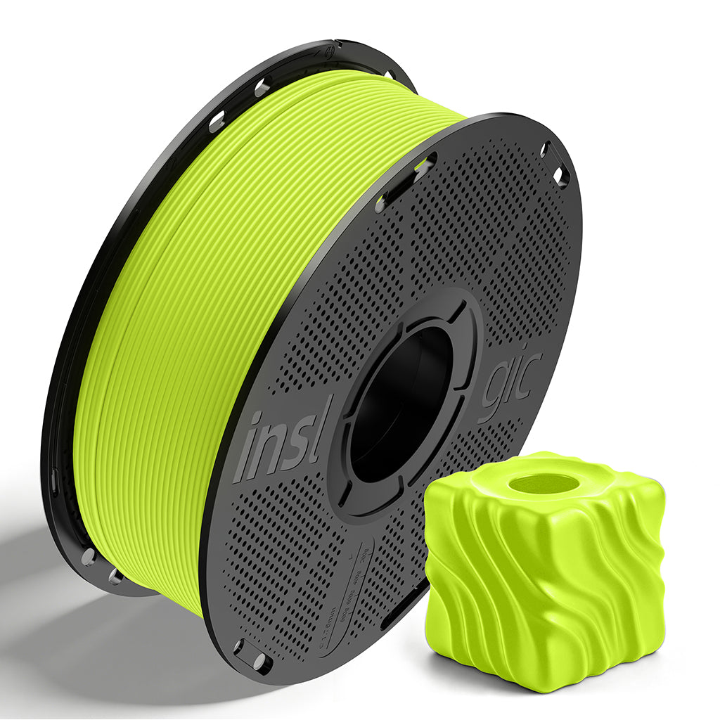 Inslogic matte PLA filament spool in bright yellow-green with a matching sample print