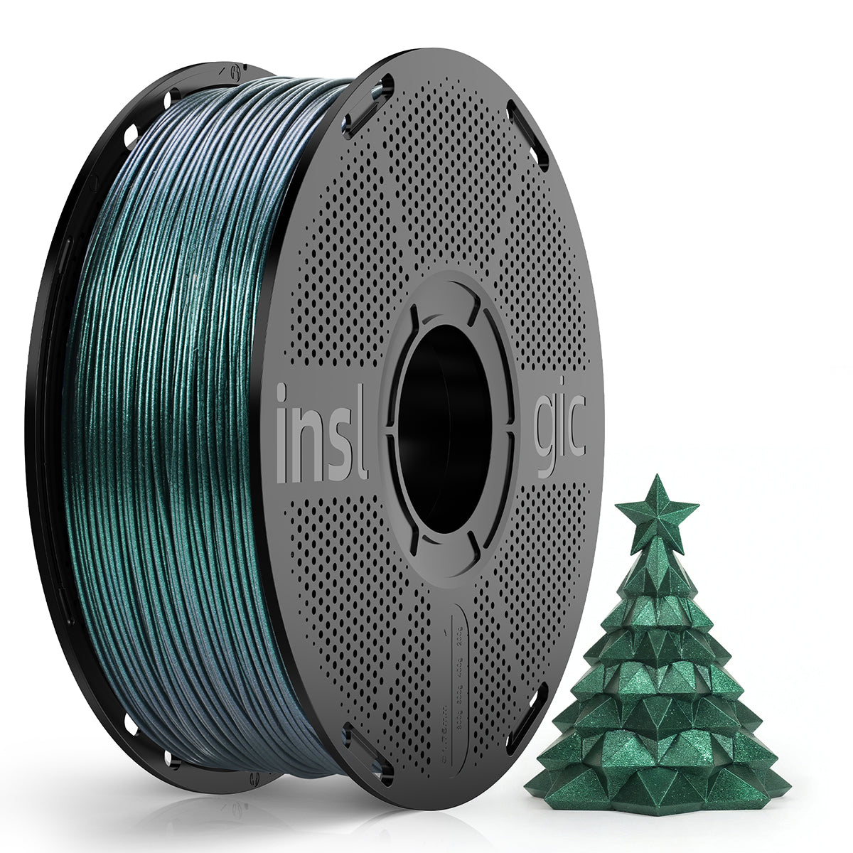 Green PLA filament 1.75mm on spool with green sample tree