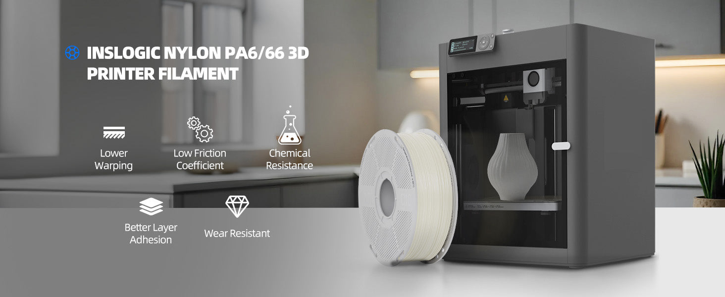 Inslogic Nylon PA6/66 Engineering Grade 3D Printing Filament 1.75mm 1KG with Spool - Natural