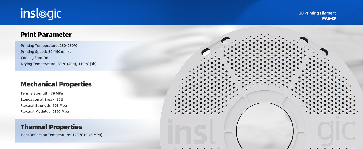 Inslogic Nylon PA6/66 Engineering Grade 3D Printing Filament 1.75mm 1KG with Spool - Printing Parameter