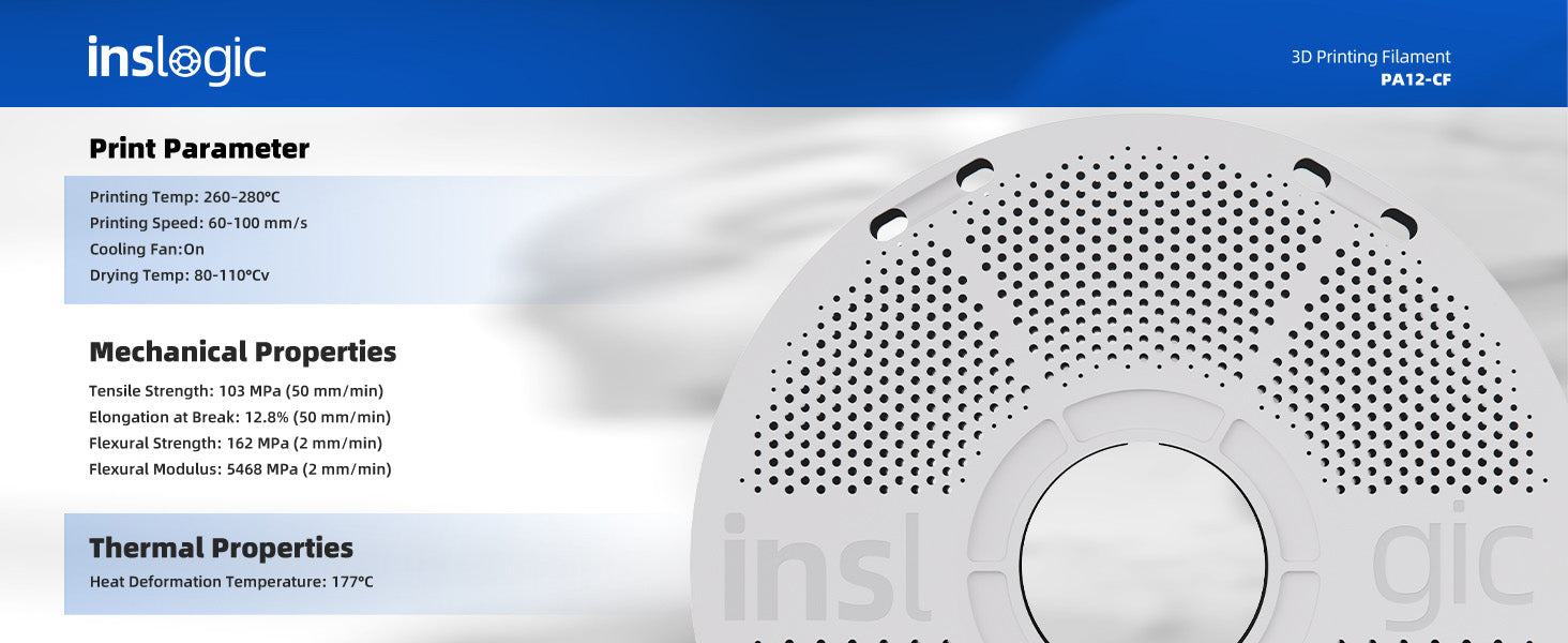 Inslogic PA12-CF Engineering Grade 3D Printing Filament 1.75mm - Printing Parameter