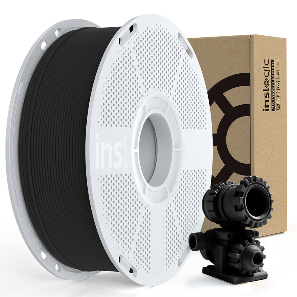 Black PA6-CF carbon fiber filament spool with white hub and tightly wound coil