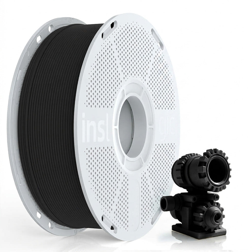 Black PA6-CF 1.75mm filament spool on white reel, with feeder accessory