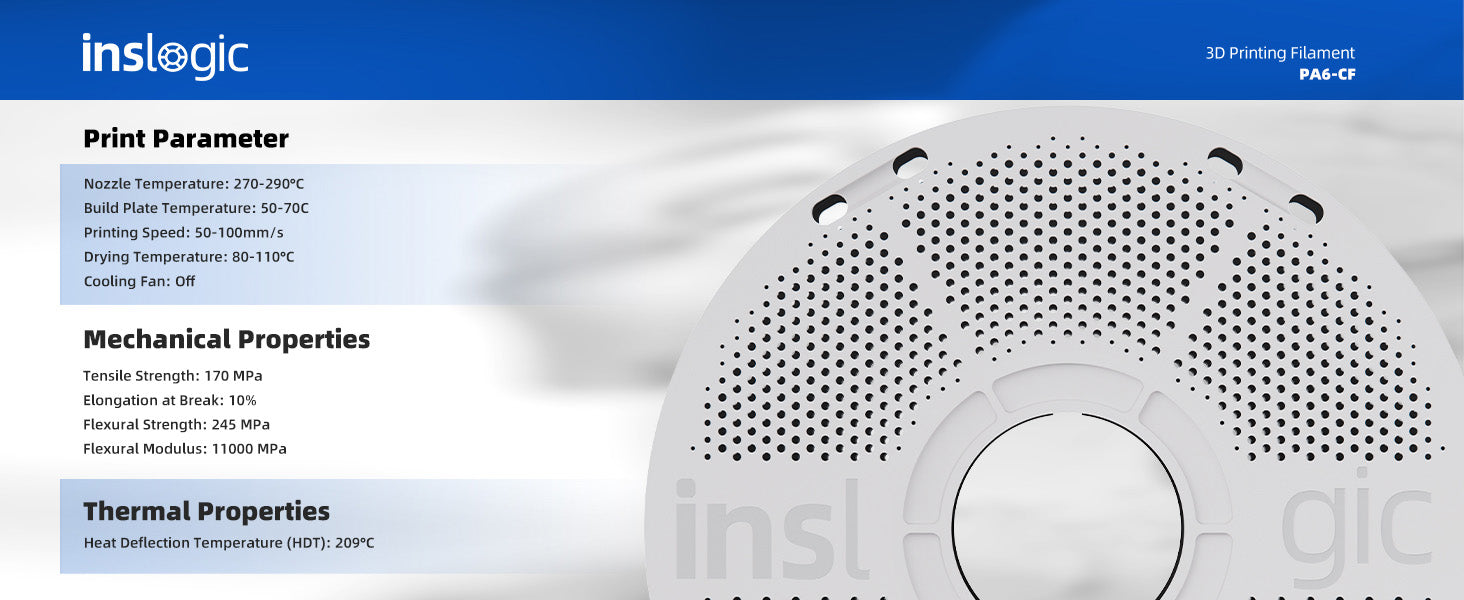 Inslogic PA6-CF Engineering Grade 3D Printing Filament 1.75mm 1KG Printing Parameter