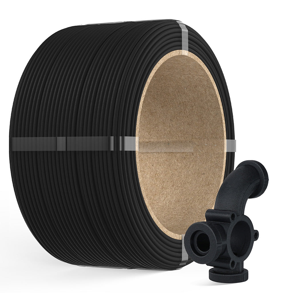 Black PA6-GF25 filament reel with inner core cross-section and black feeding clip