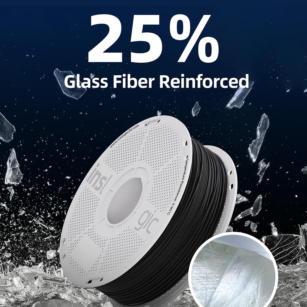 Black PA6-GF25 filament spool with visible glass-fiber flakes