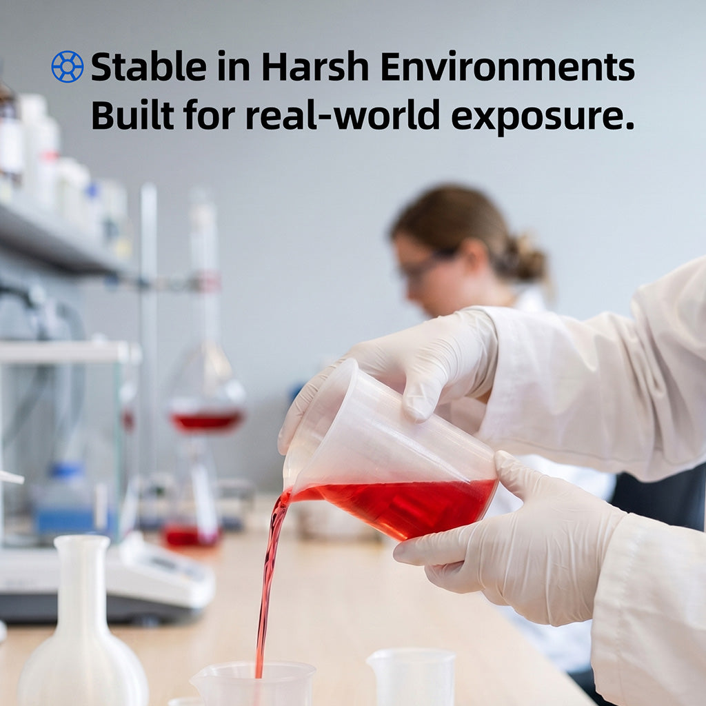 Inslogic PP (Polypropylene) plastic liquid container pouring red liquid, laboratory scene