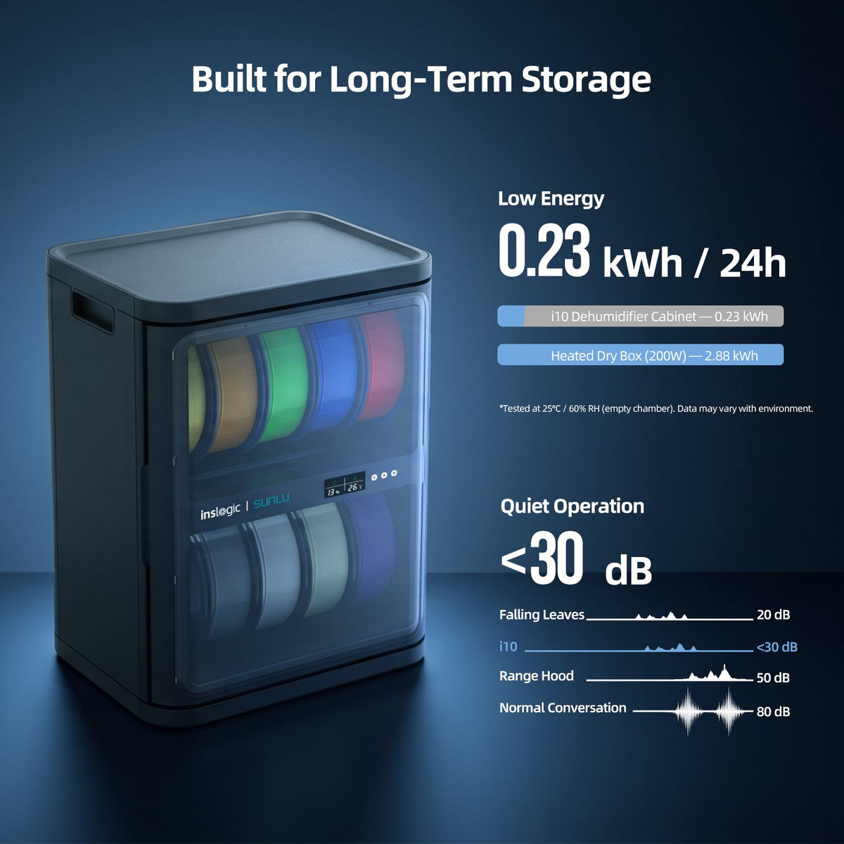 FilaDC long-term storage filament dehumidifying cabinet, dark gray with lit interior
