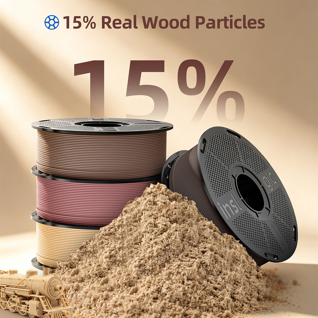 Stacked PLA filament spools with light wood powder pile and open black reel