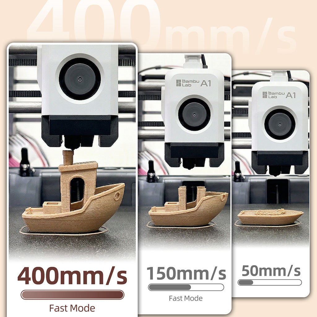 3D printer extruder heads printing small wood-style boat parts