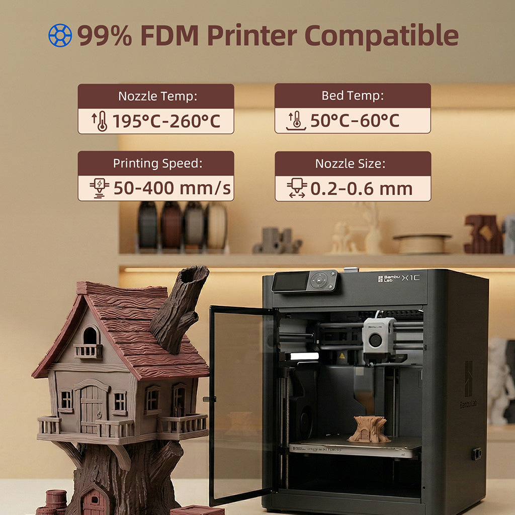 Open 3D printer chamber printing miniature house and wood-style sculpture