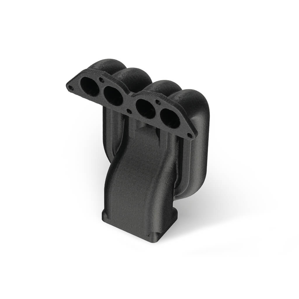 Black PA6-CF carbon fiber printed bracket with circular mount openings