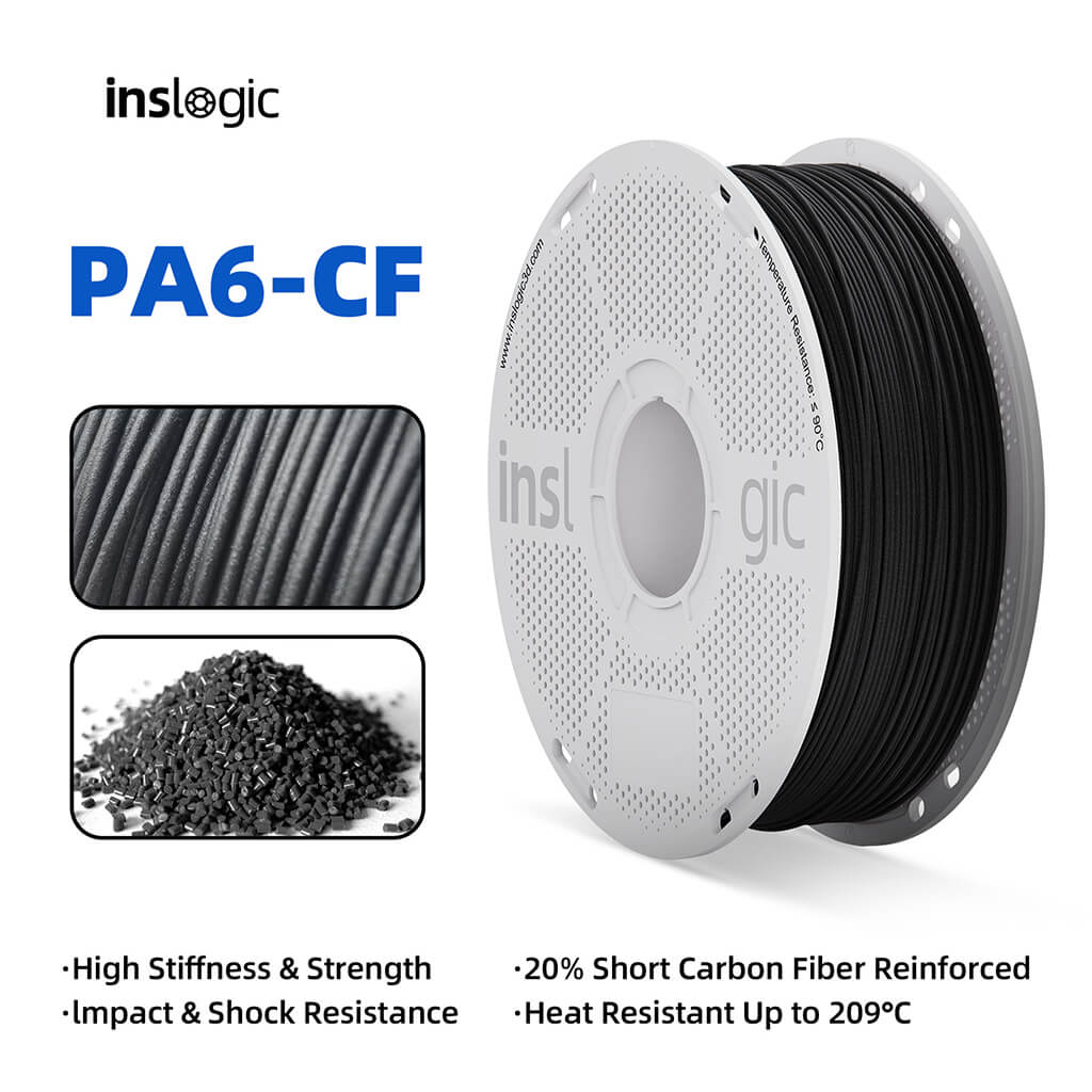 PA6-CF carbon fiber filament spool with black filament strand inset and spool