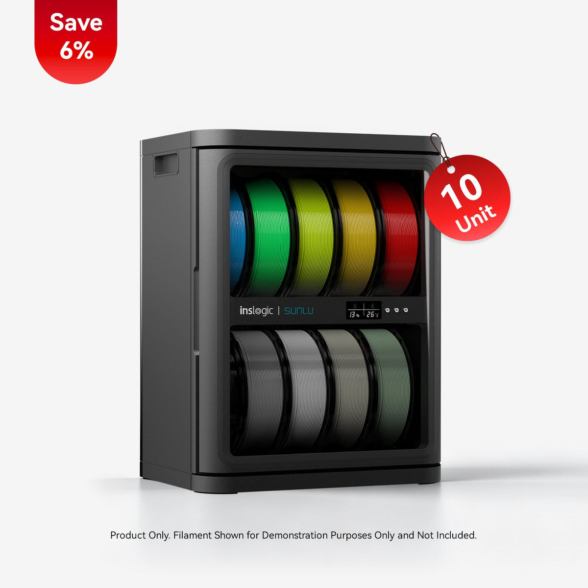 FilaDC i10 filament dehumidifying cabinet with clear front window and stacked filament reels