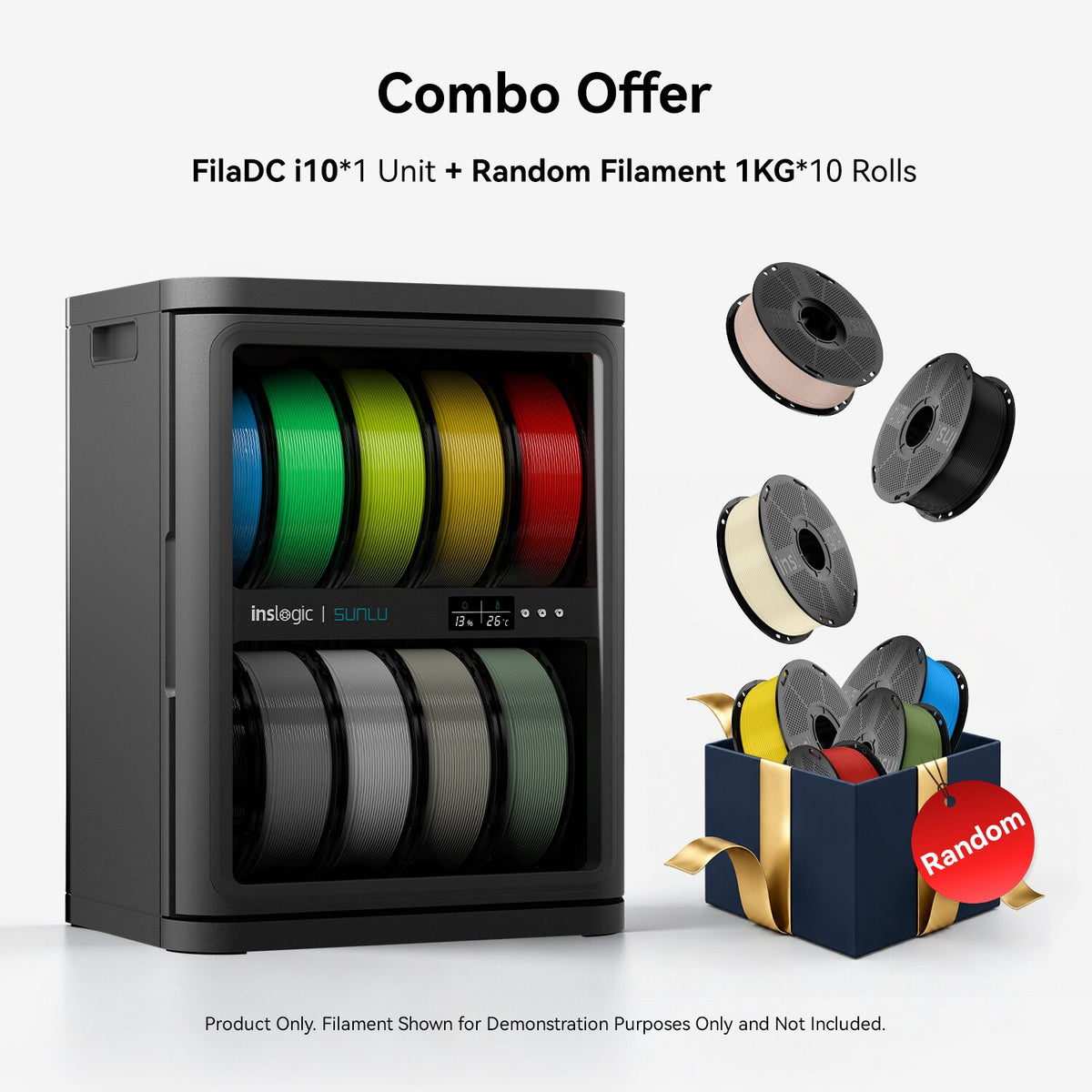 FilaDC i10 filament dehumidifying cabinet with multi-color filament spools and extra reel rolls