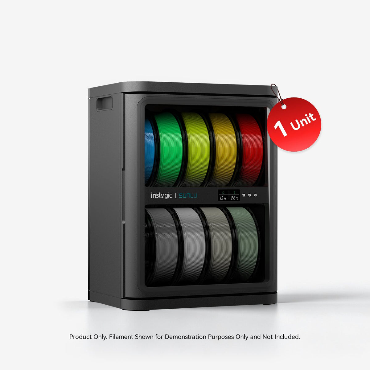 FilaDC i10 filament dehumidifying cabinet with clear door and colorful spool reels inside