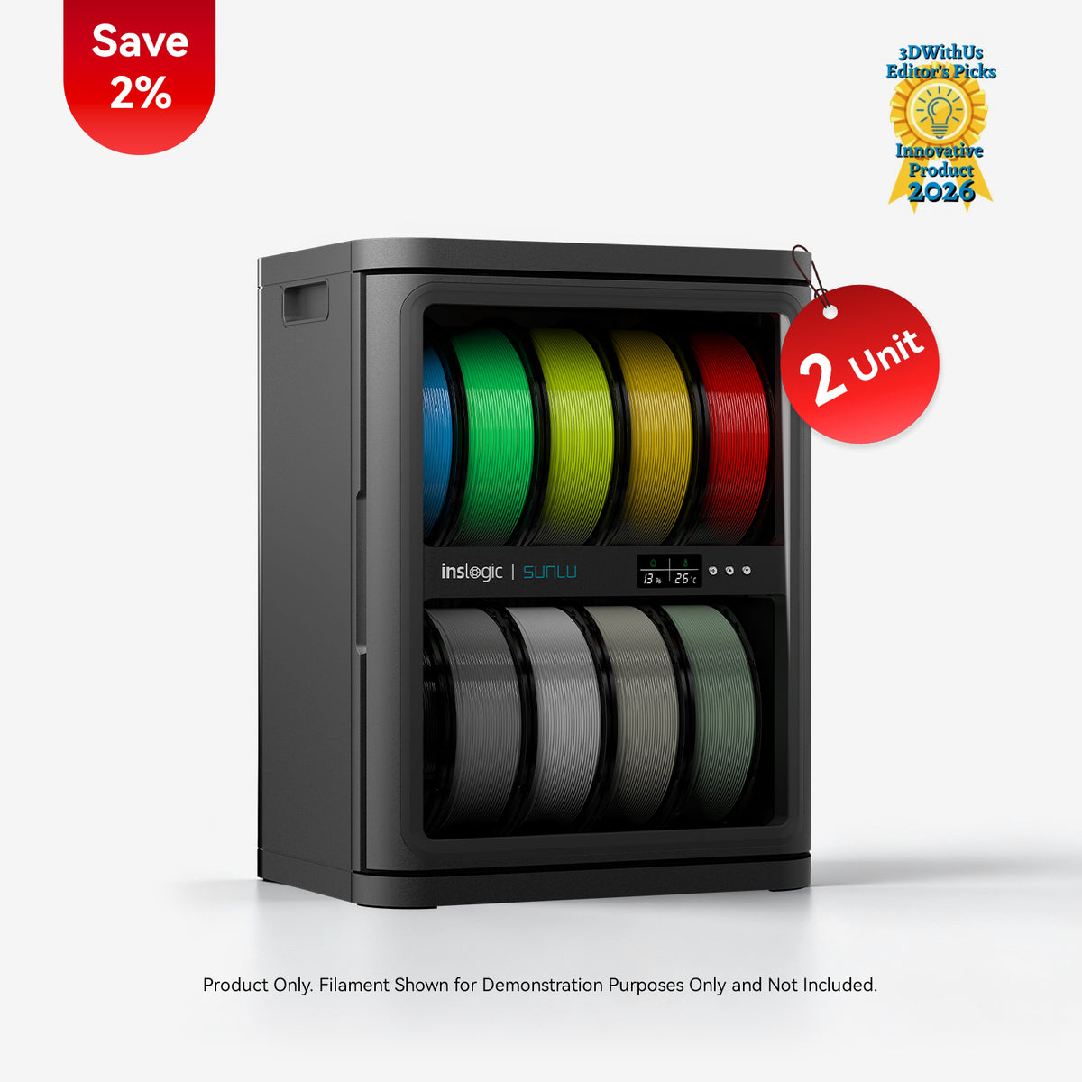 Gray filament dehumidifying cabinet front window showing colorful filament spool reels inside
