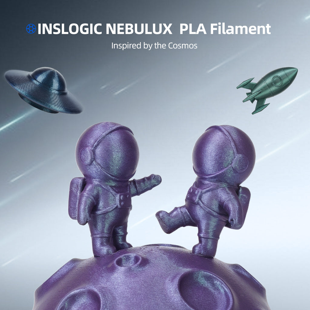 Purple astronaut figurines with glossy galaxy shimmer finish