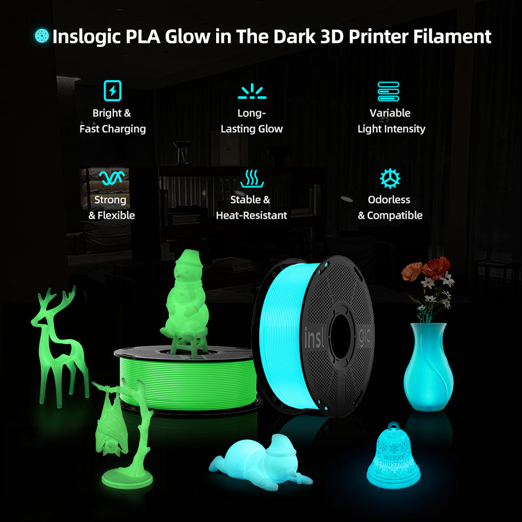 Glow-in-the-dark PLA filament spool with green and blue glowing figurines on bases