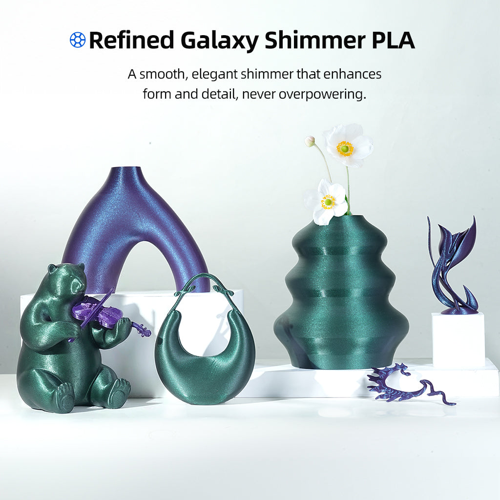 Galaxy shimmer vase with flowers, plus teal and purple cat figurines